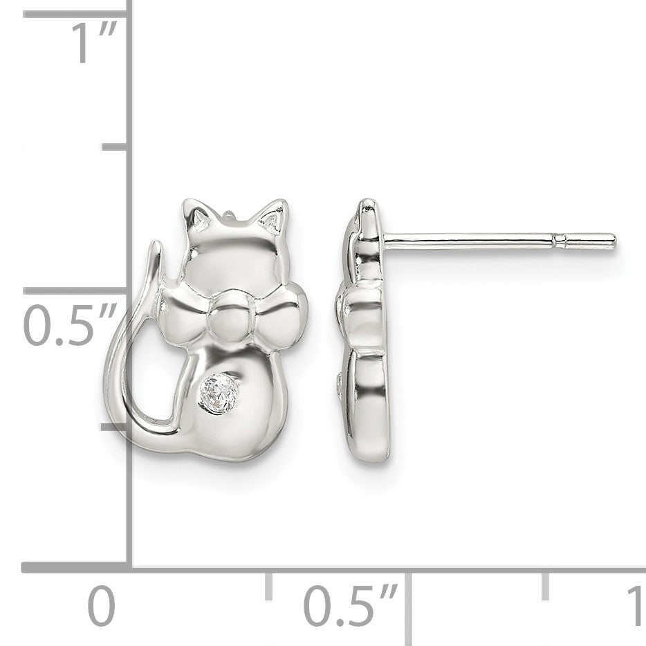 Sterling Silver Polished CZ Cat Earrings