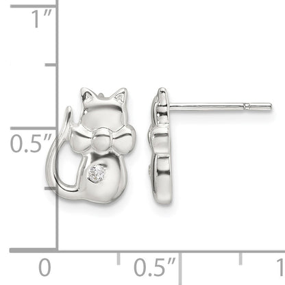 Sterling Silver Polished CZ Cat Earrings