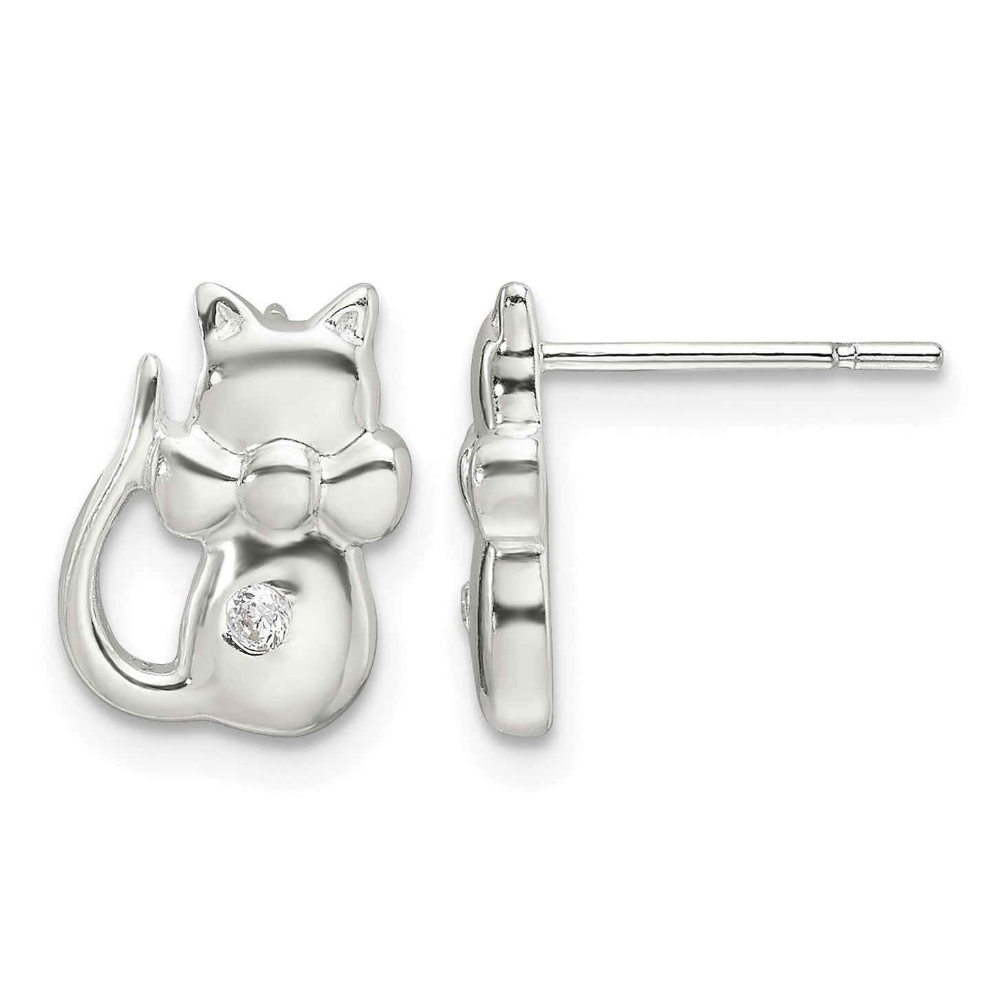 Sterling Silver Polished CZ Cat Earrings
