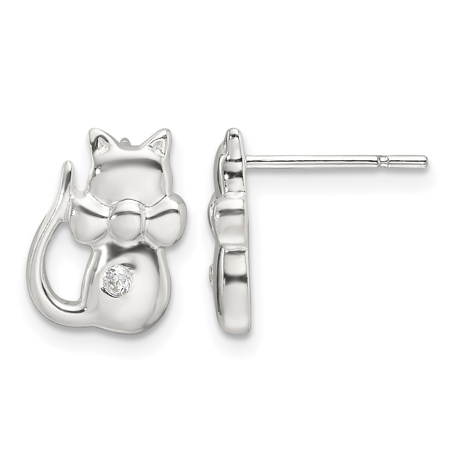 Sterling Silver Polished CZ Cat Earrings