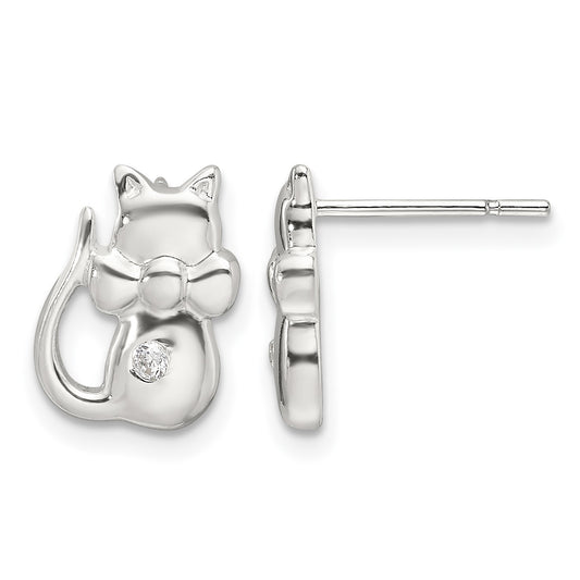 Sterling Silver Polished CZ Cat Earrings
