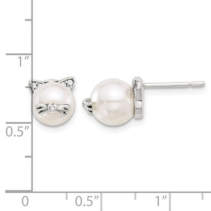 Sterling Silver Polished and Antiqued CZ and Syn. Pearl Cat Post Earrings
