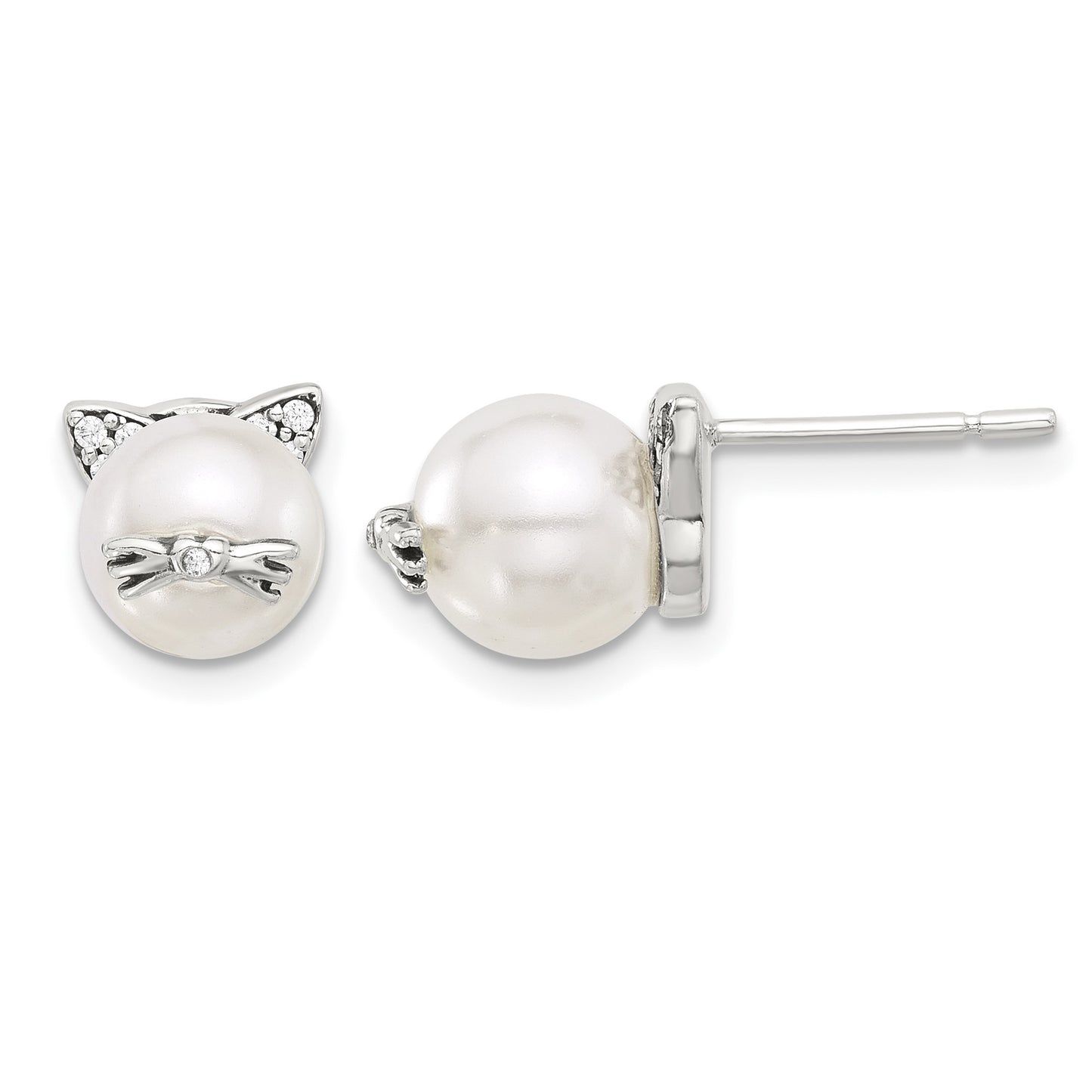 Sterling Silver Polished and Antiqued CZ and Syn. Pearl Cat Post Earrings