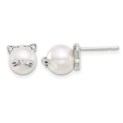 Sterling Silver Polished and Antiqued CZ and Syn. Pearl Cat Post Earrings