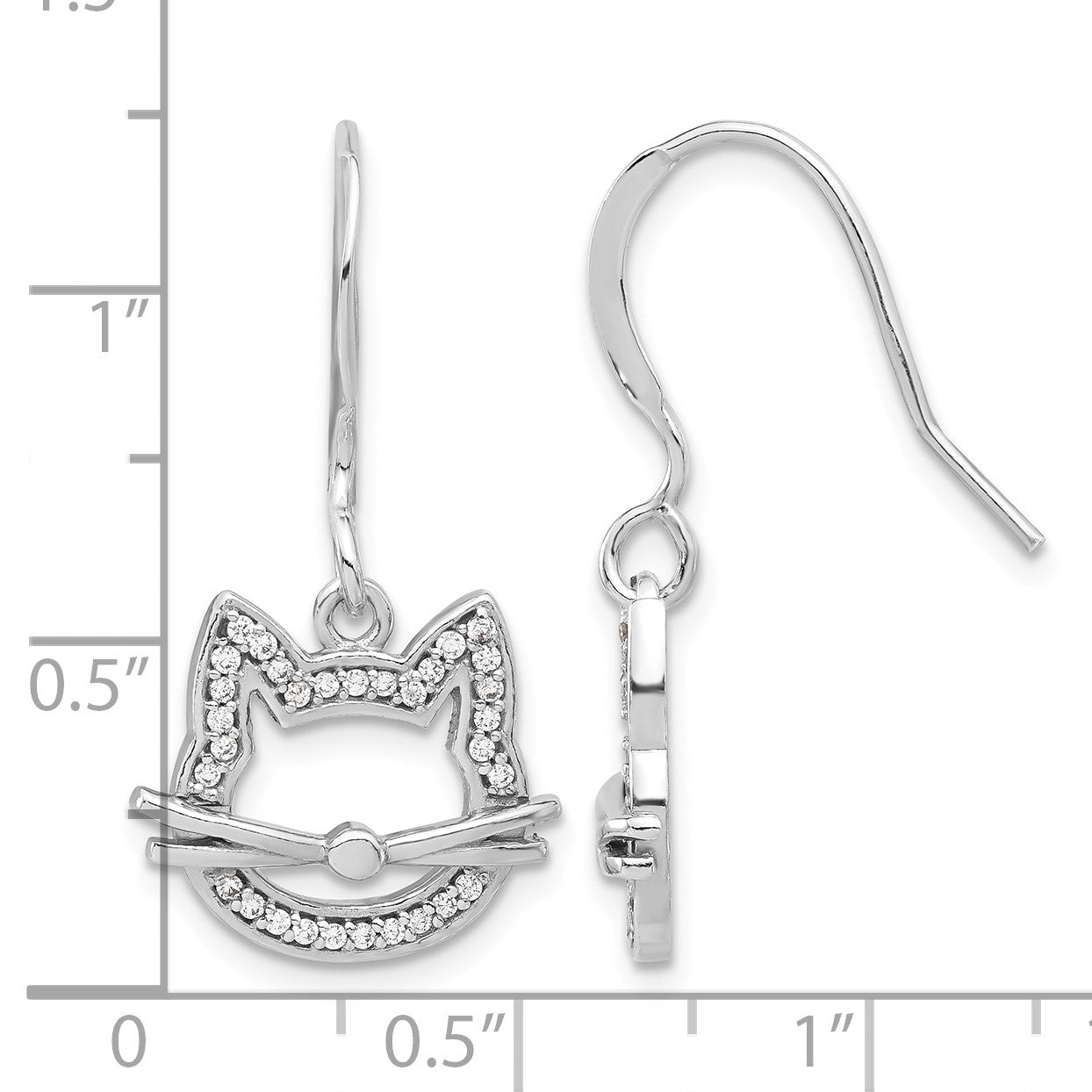 Sterling Silver Rhodium-plated CZ Cat Head Dangle Earrings