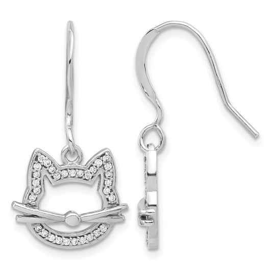 Sterling Silver Rhodium-plated CZ Cat Head Dangle Earrings