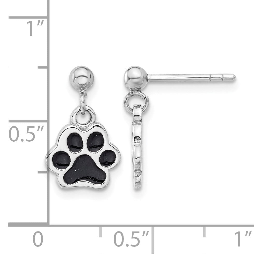 Sterling Silver Rhodium-plated Enameled Dog Paw Post Dangle Earrings