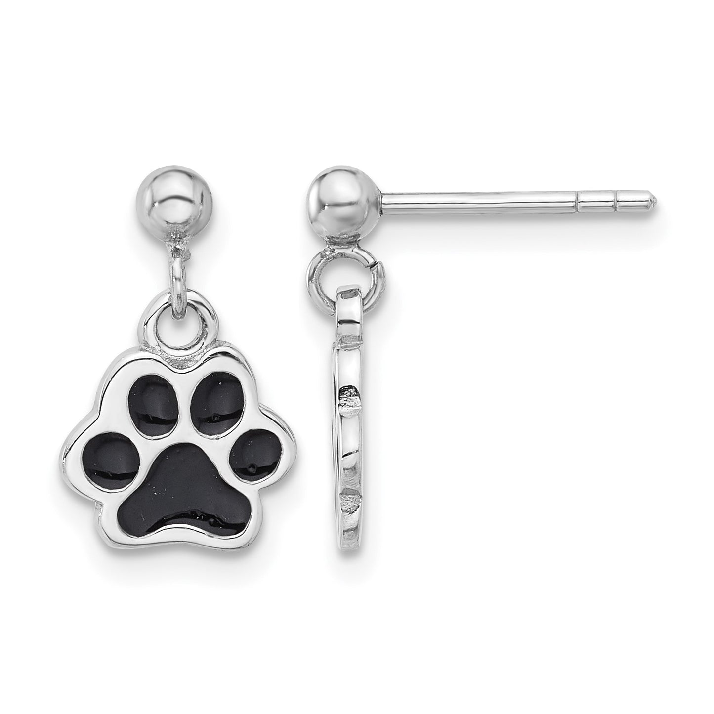 Sterling Silver Rhodium-plated Enameled Dog Paw Post Dangle Earrings