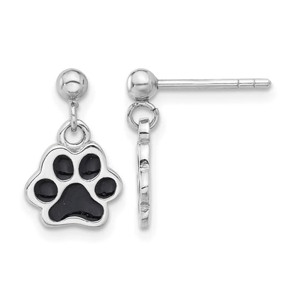 Sterling Silver Rhodium-plated Enameled Dog Paw Post Dangle Earrings