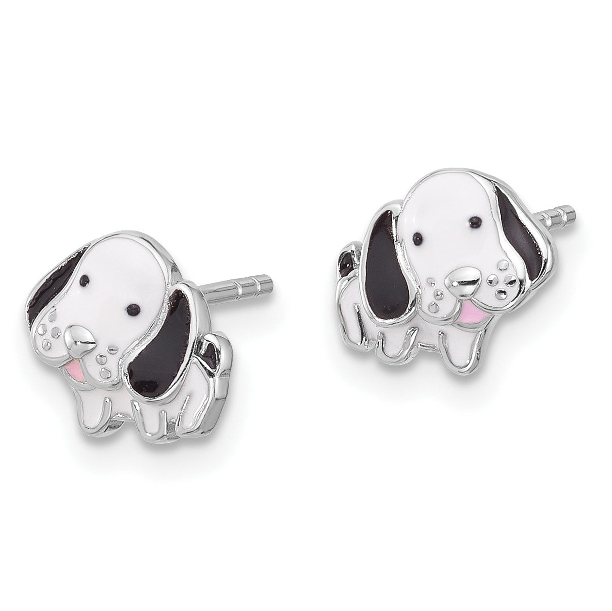 SS Rhodium-plated Black and White Enamel Dog Post Earrings