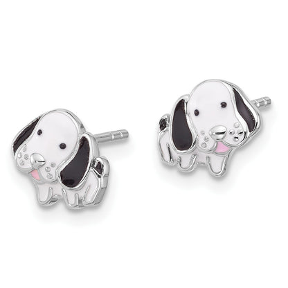 SS Rhodium-plated Black and White Enamel Dog Post Earrings
