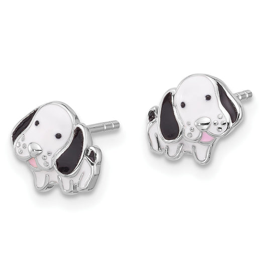 SS Rhodium-plated Black and White Enamel Dog Post Earrings