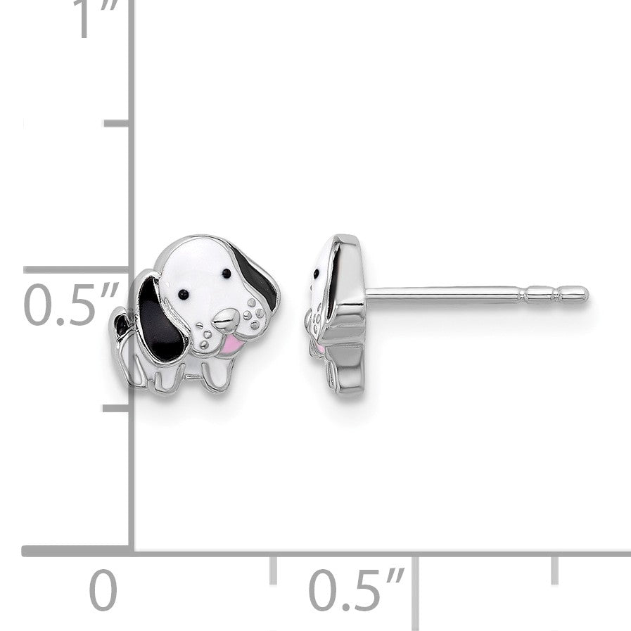 SS Rhodium-plated Black and White Enamel Dog Post Earrings