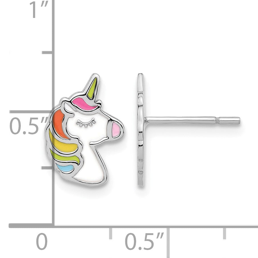 Sterling Silver Rhodium-plated Polished Enameled Unicorn Post Earrings