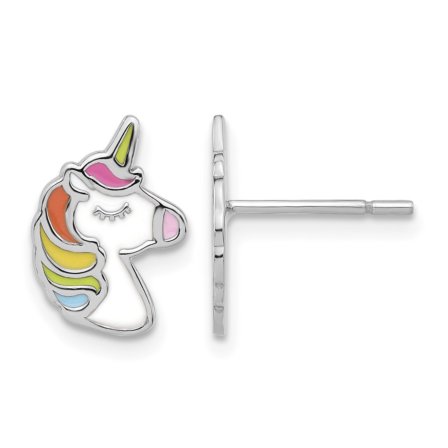 Sterling Silver Rhodium-plated Polished Enameled Unicorn Post Earrings