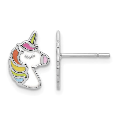 Sterling Silver Rhodium-plated Polished Enameled Unicorn Post Earrings