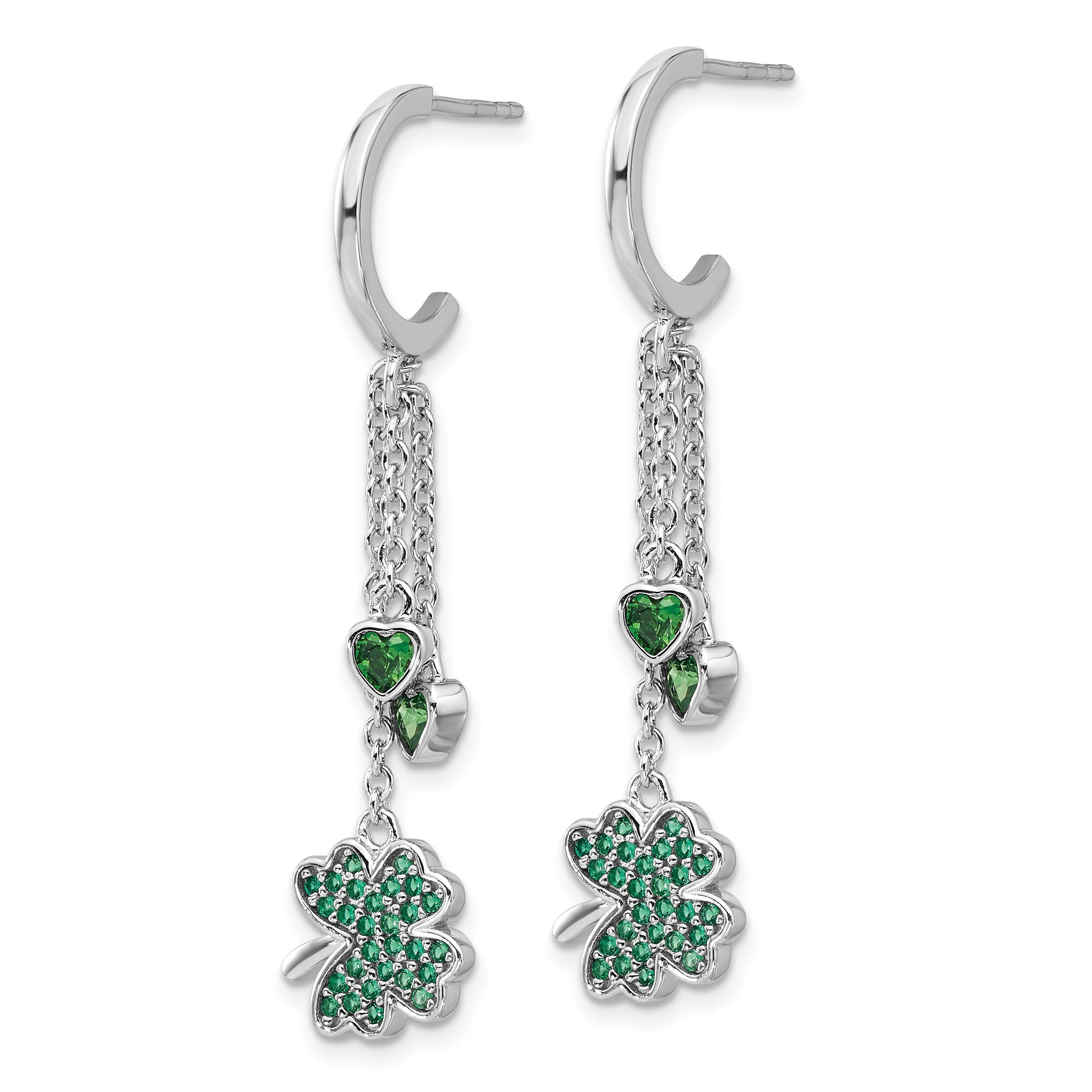 Pure Fire Sterling Silver Rhod-plated Green CZ Clover Heart Post Hoop Earri