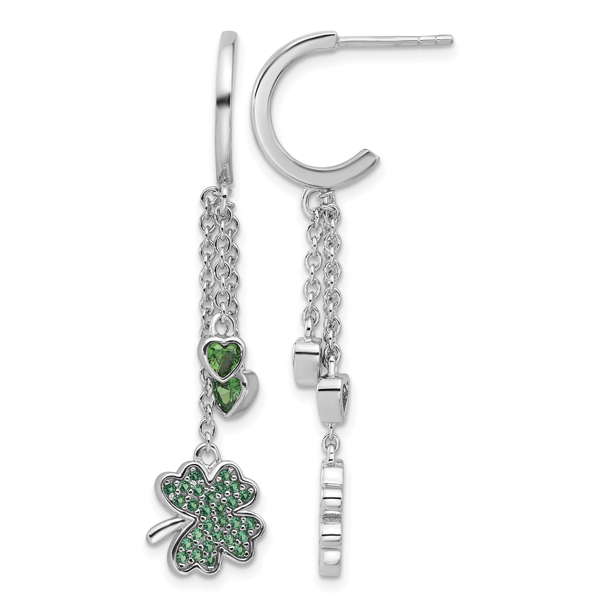 Pure Fire Sterling Silver Rhod-plated Green CZ Clover Heart Post Hoop Earri