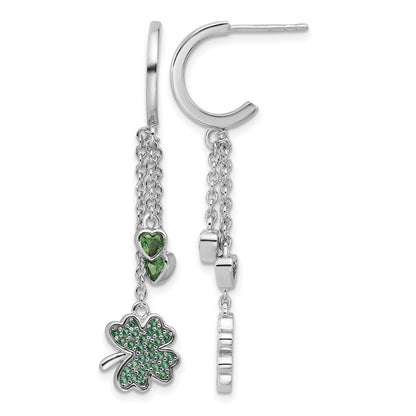 Pure Fire Sterling Silver Rhod-plated Green CZ Clover Heart Post Hoop Earri