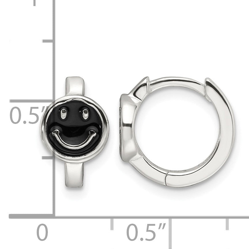 Sterling Silver E-Coating Black Enamel Smiley Face Hoop Earrings