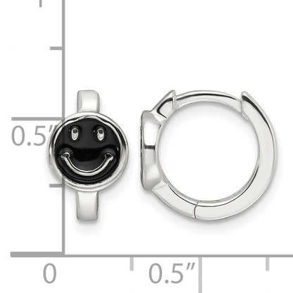 Sterling Silver E-Coating Black Enamel Smiley Face Hoop Earrings