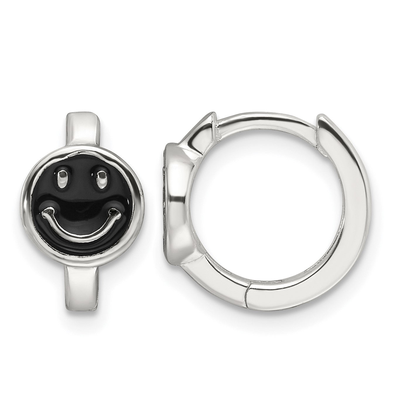Sterling Silver E-Coating Black Enamel Smiley Face Hoop Earrings