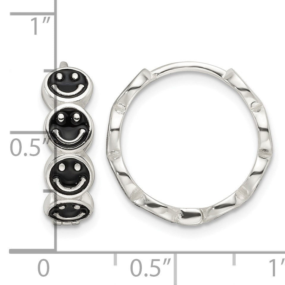 Sterling Silver E-Coat Black Enamel Smiley Face Hinged Hoop Earrings
