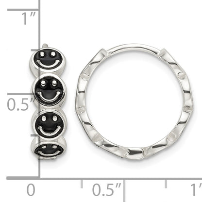 Sterling Silver E-Coat Black Enamel Smiley Face Hinged Hoop Earrings