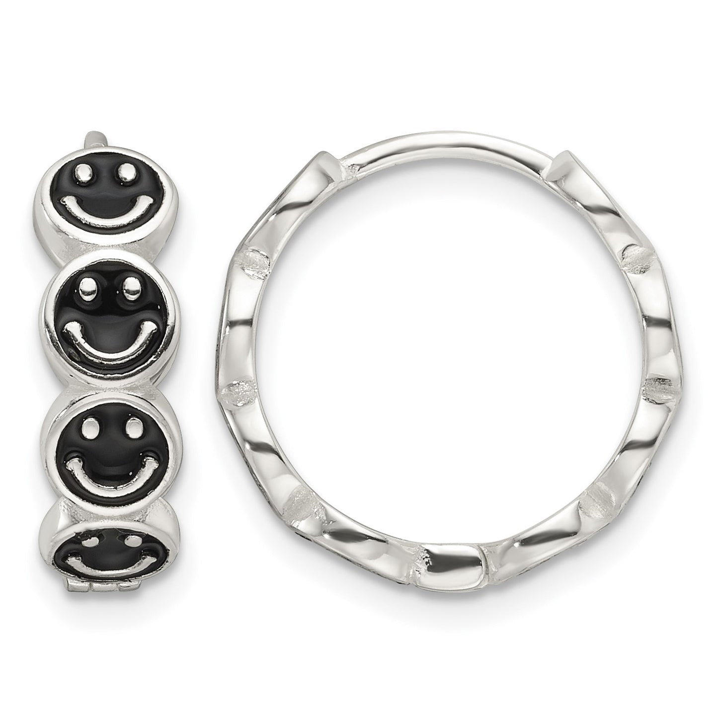 Sterling Silver E-Coat Black Enamel Smiley Face Hinged Hoop Earrings