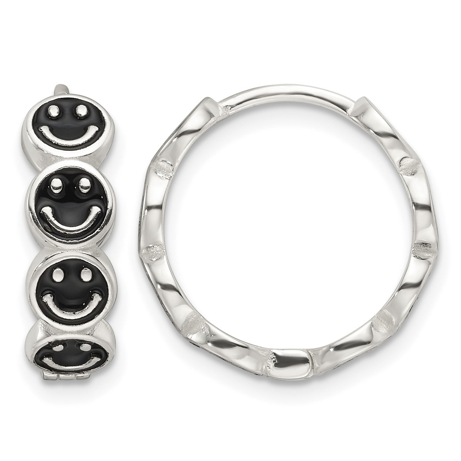 Sterling Silver E-Coat Black Enamel Smiley Face Hinged Hoop Earrings