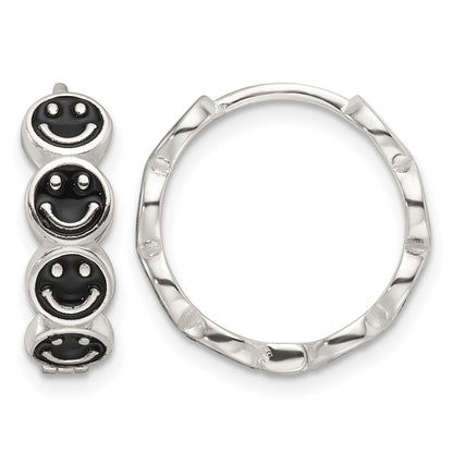 Sterling Silver E-Coat Black Enamel Smiley Face Hinged Hoop Earrings