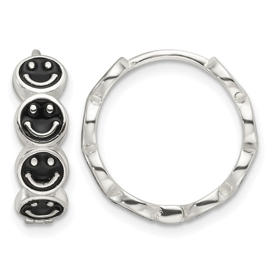 Sterling Silver E-Coat Black Enamel Smiley Face Hinged Hoop Earrings