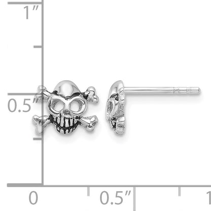 Sterling Silver Rhodium-plated Antiqued Skull and Crossbones Post Earrings