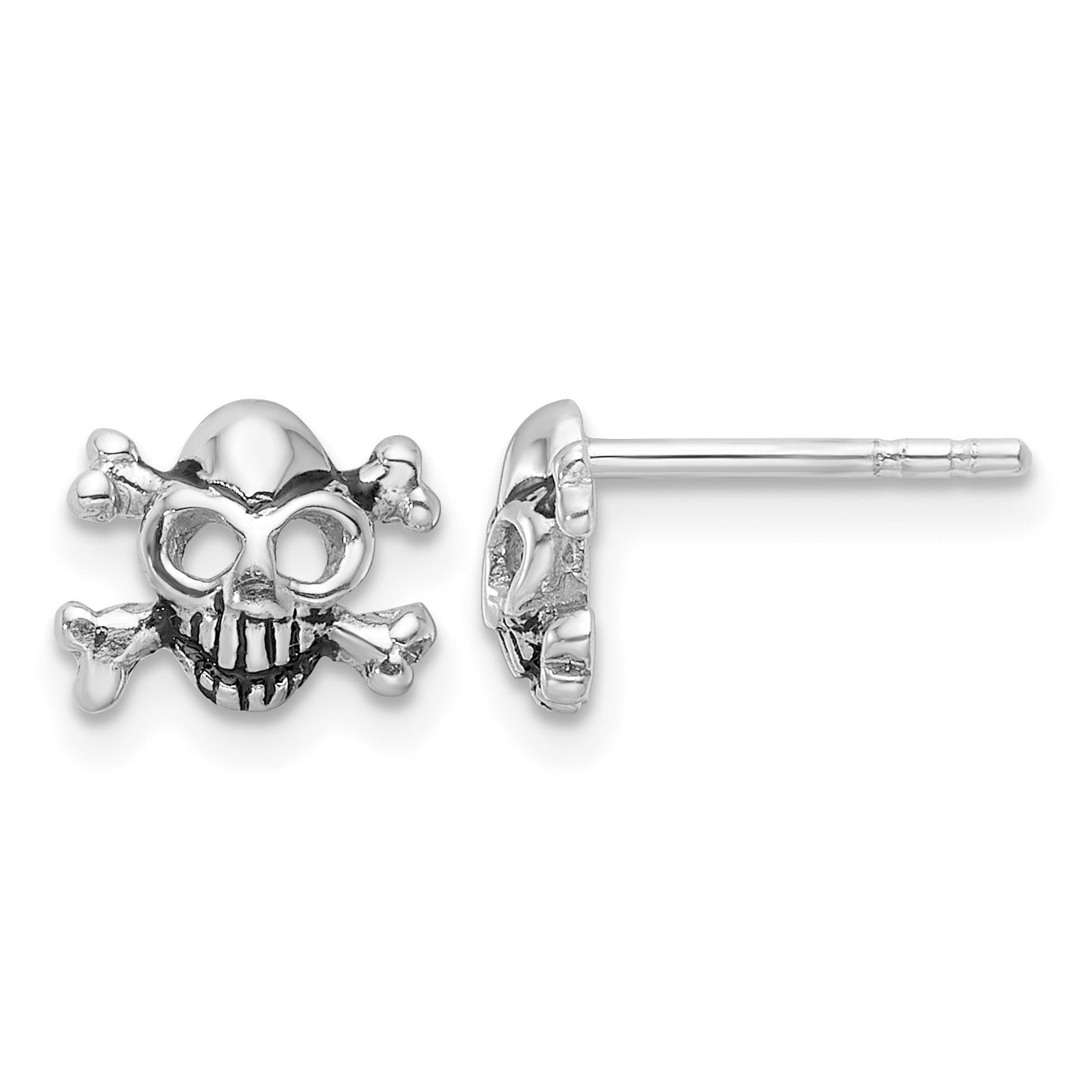 Sterling Silver Rhodium-plated Antiqued Skull and Crossbones Post Earrings