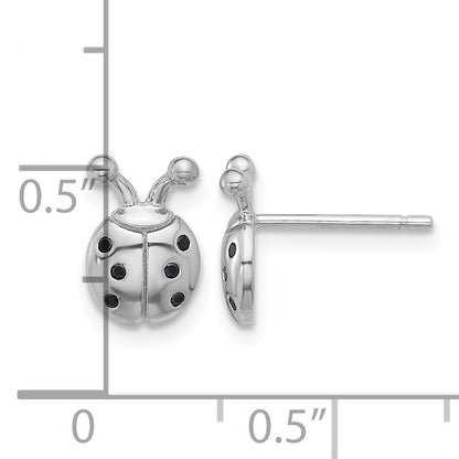 Sterling Silver Flash Platinum-plated Black Spinel Ladybug Post Earrings