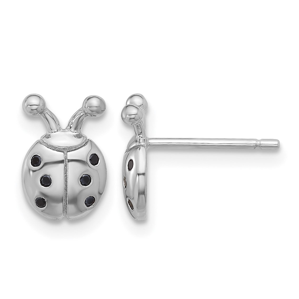 Sterling Silver Flash Platinum-plated Black Spinel Ladybug Post Earrings