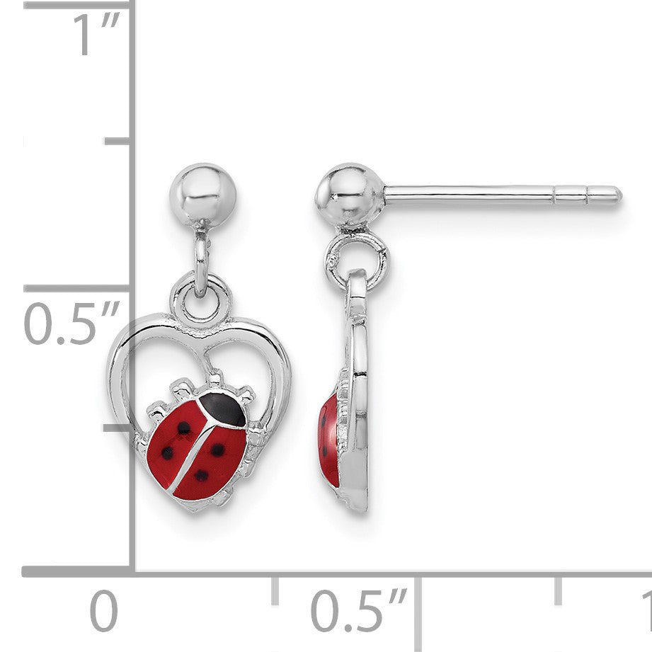 Sterling Silver Rh-plated Enameled Ladybug in Heart Post Dangle Earrings