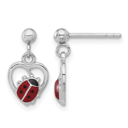 Sterling Silver Rh-plated Enameled Ladybug in Heart Post Dangle Earrings