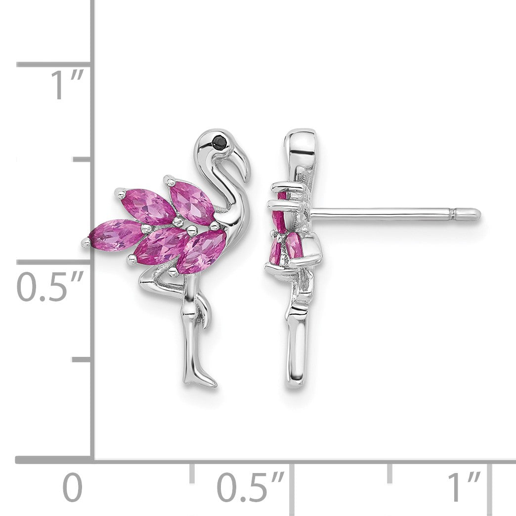 Sterling Silver Rhodium-plated Polished Pink Crystal Flamingo Post Earrings