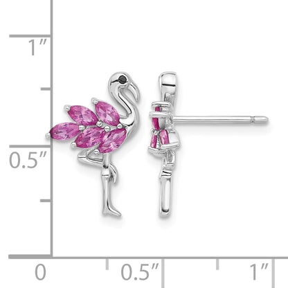 Sterling Silver Rhodium-plated Polished Pink Crystal Flamingo Post Earrings