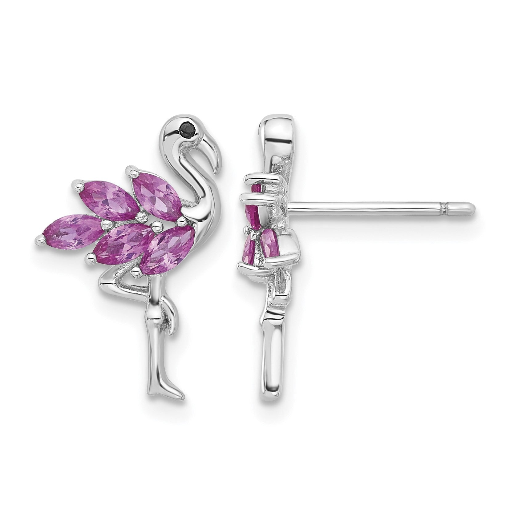 Sterling Silver Rhodium-plated Polished Pink Crystal Flamingo Post Earrings