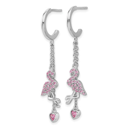Sterling Silver Rhodium-plated Pink CZ Flamingo Heart Post Hoop Earrings