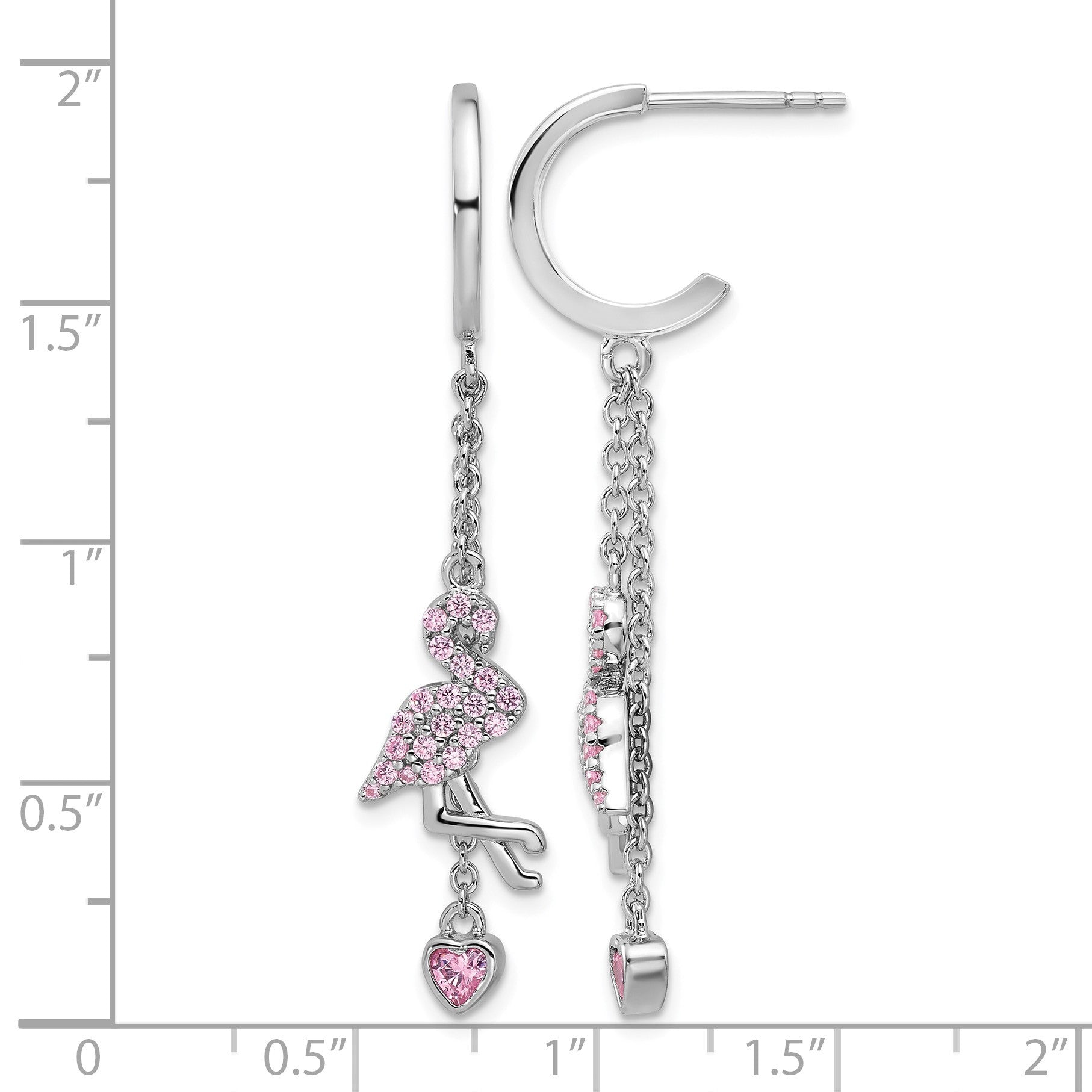 Sterling Silver Rhodium-plated Pink CZ Flamingo Heart Post Hoop Earrings