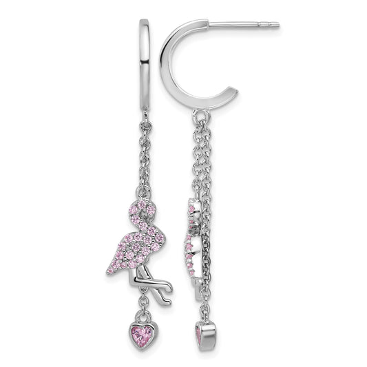 Sterling Silver Rhodium-plated Pink CZ Flamingo Heart Post Hoop Earrings