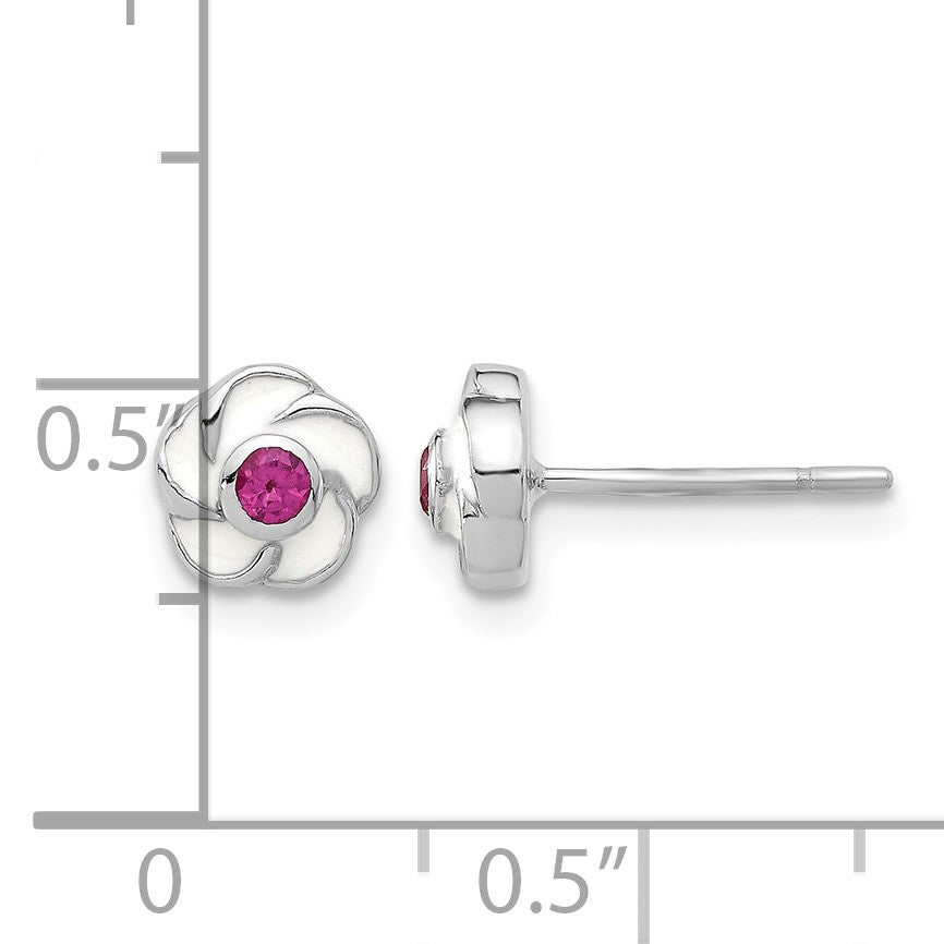 Sterling Silver Rhodium-plated Madi K Enamel Pink CZ Flower Post Earrings