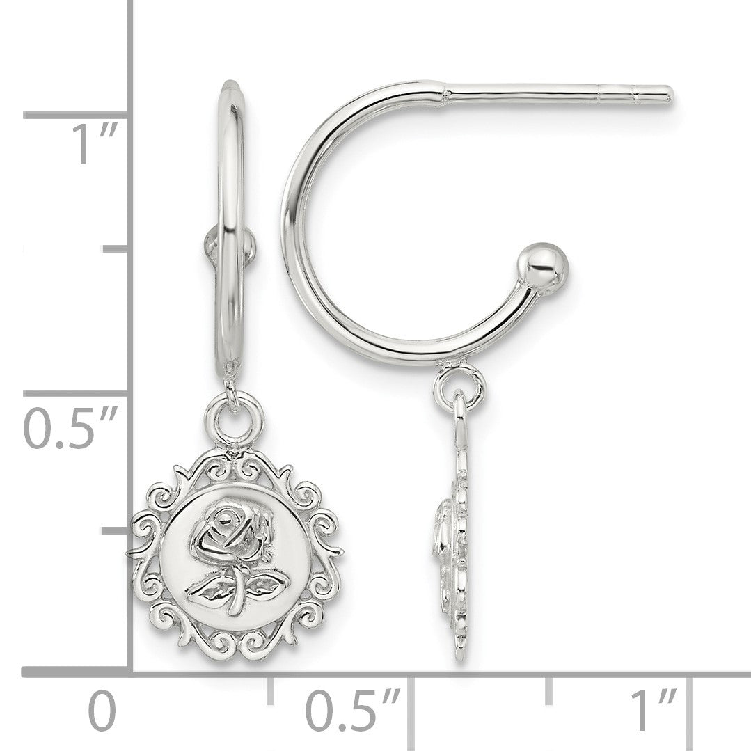 Sterling Silver E-coated Rose Dangle Post Hoop Earrings