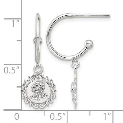 Sterling Silver E-coated Rose Dangle Post Hoop Earrings