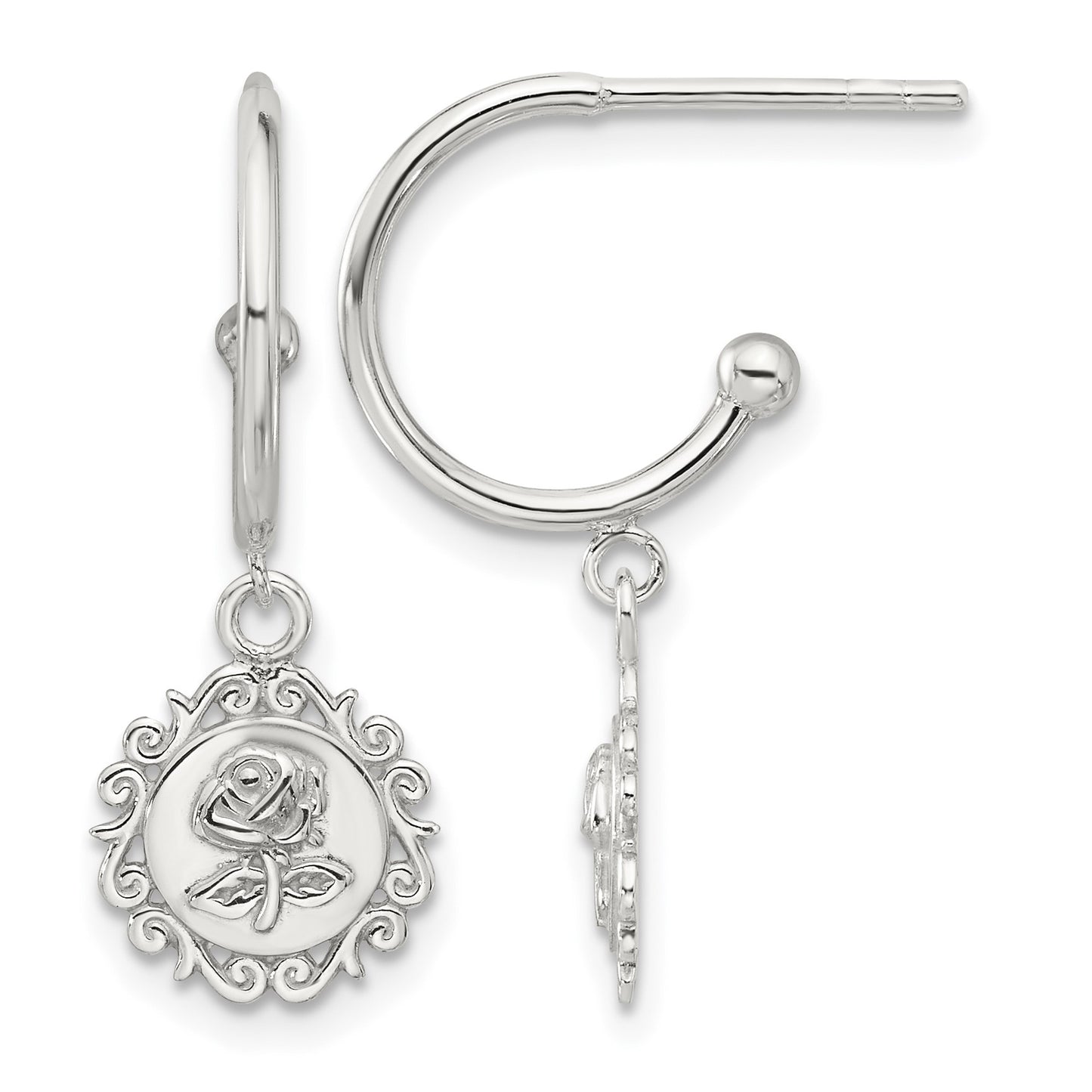 Sterling Silver E-coated Rose Dangle Post Hoop Earrings