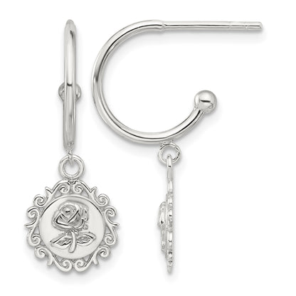 Sterling Silver E-coated Rose Dangle Post Hoop Earrings
