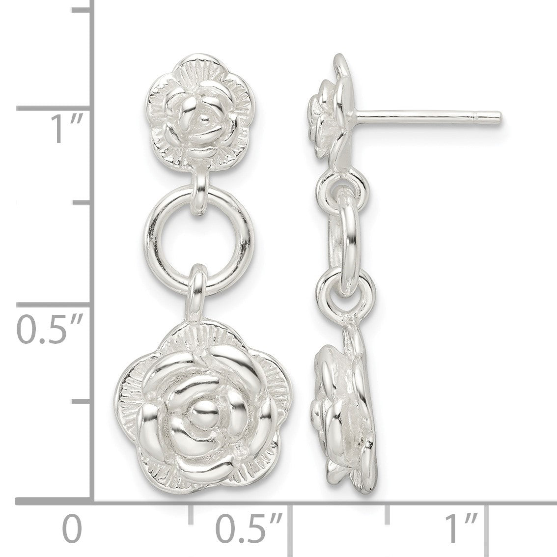 Sterling Silver E-Coating Rose Dangle Post Earrings